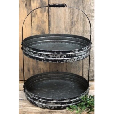 New Primitive Farmhouse AGED BLACK METAL TIERED TRAY STAND Two Tier Basket Caddy