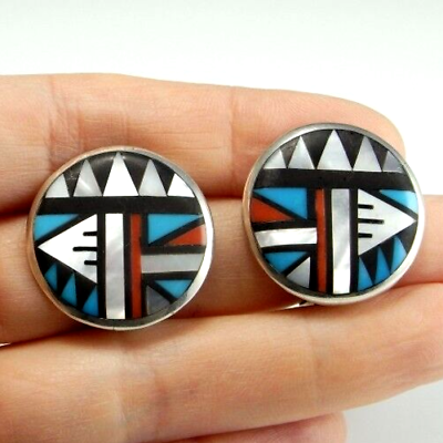 Old Pawn Inlay Inlaid Native American Indian Earrings Sterling Silver Clip 925