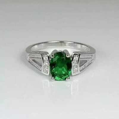 2.10 Ct Oval Cut Lab-Created Emerald Women Wedding Ring 14k White Gold Plated