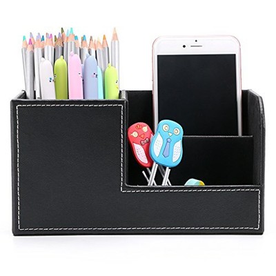 Desk Pen Pencil Holder Leather Multi-Function Desk Stationery Organizer Stora...