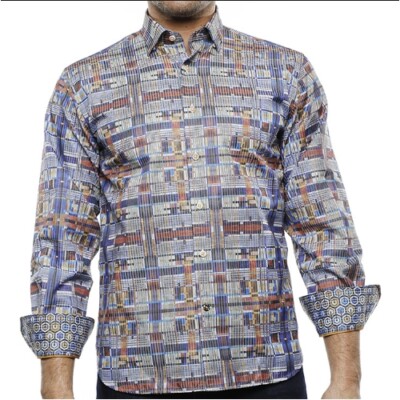 Luchiano Visconti Men's Plaid Jacquard Shirt, Navy, Blue & Yellow, XL