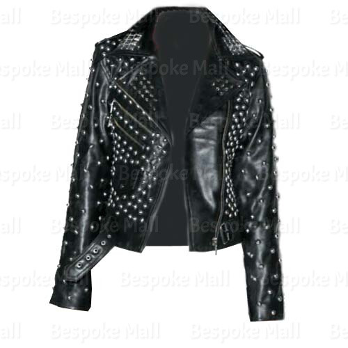 Pre-owned Handmade Woman's Brando Style Black Spiked Studded Cowhide Punk Leather Jacket-995 In Gold