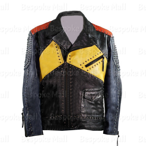 Pre-owned Handmade Men Multi-color Silver Studded Brando Style Biker Cowhide Leather Jacket-926 In Multicolor