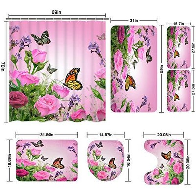 7 Piece Pink Rose Shower Curtain Set With Rugs And Towels Include Nonslip Rug To