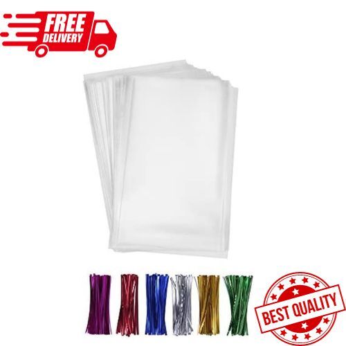 200 Clear Treat Bags 6X9 with 4" Twist Ties 6 Mix Colors Pla