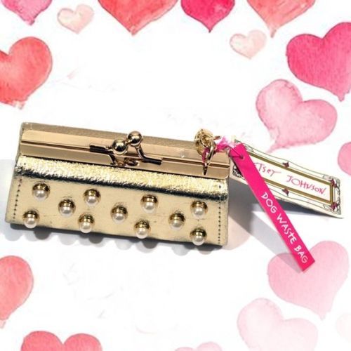 Nwt BETSEY JOHNSON Dog Pet Waste Bag Holder Metallic Gold Color slot at bottom