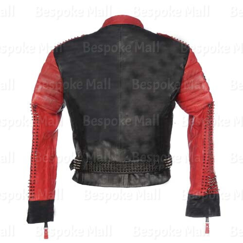 Pre-owned Handmade Men's Black Red Full Silver Spiked Studded Belted Cowhide Leather Jacket-802