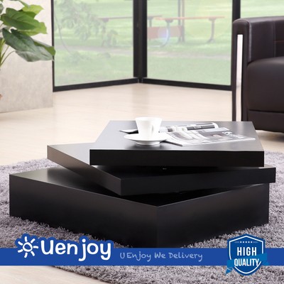 Black Square Coffee Table Rotating Contemporary Modern Living Room Furniture