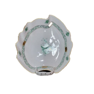 Herend Chinese Bouquet Green Leaf Shaped Bon Bon Candy Dish, Gold Trim, Handle