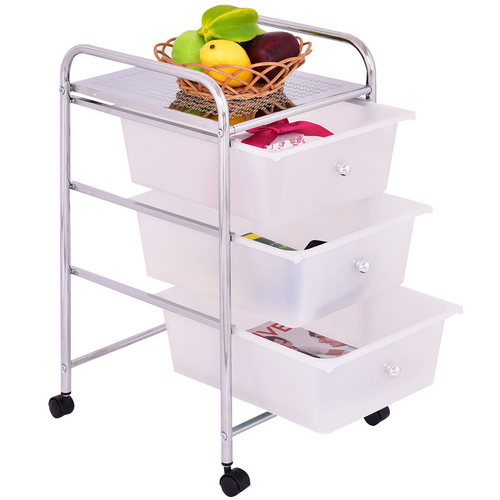 White 3 Drawers Metal Rolling Storage Cart Swivel Wheel Kitchen