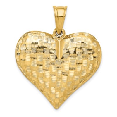 Pre-owned Wishing For Claudia 14k Yellow Gold 1.5 Inch Large Weave Textured 3-d Puffed Heart Pendant Charm
