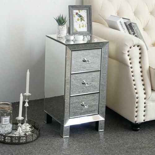 Glass Mirrored Bedroom Bedside Table Crystal Side Drawer Storage
