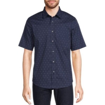 Navy White Geo Poplin Dress Shirt Men S 34-36 Button Front Short Sleeve Pocket