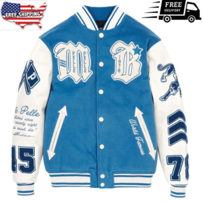 Pelle Pelle World Famous Blue & White Wool/Leather Varsity Jacket Free Shipping