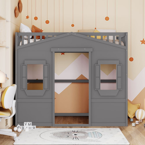 S Platform Bed House Loft Bed With Ladder Gray