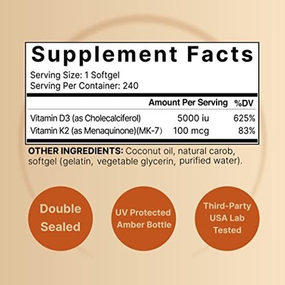 NatureBell Vitamin D3 5000 K2 (MK7) with Virgin Coconut Oil, 240 Softgels