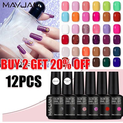 MAYJAM Gel Nail Polish Kit DIY Nail Art Soak Off UV LED Nail Base/TOP Coat 12pcs