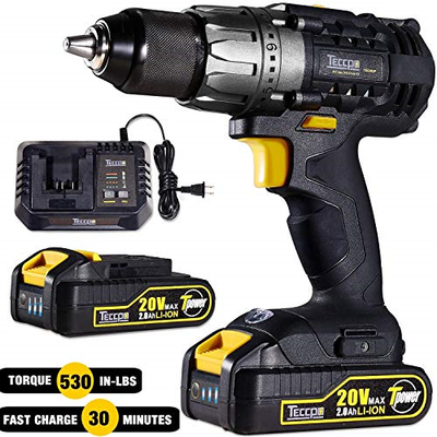 Cordless Drill 60Nm, TECCPO 20V Max Power Drills with 2X2.0Ah Batteries, 1/2