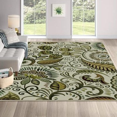  4x6 Floral Bedroom Rug- 4 x 6 Washable Area Rug Non-Slip 4'x6' E- Brown/ Leaf