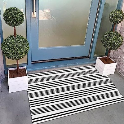 Collive Black and White Striped Layered Doormat 27.5''x43''Front Porch Outdoor ...