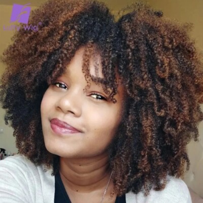 Ombre Colored Afro KinkyHuman Hair Wigs With Bangs Full Machine Made Scalp Top