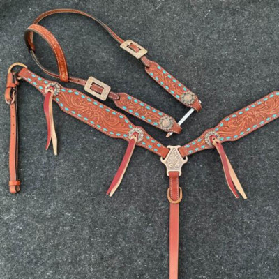 Western Horse Brown Tooled Leather Tack Set Bridle Breast Collar + Wither strap