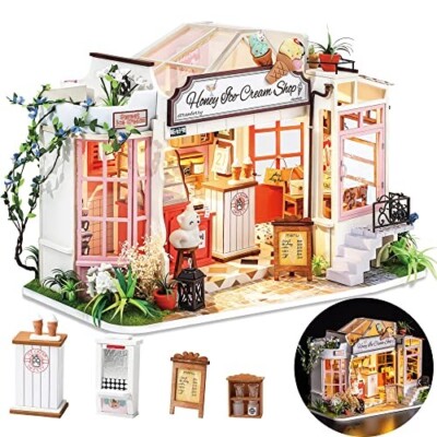 ROBOTIME Puppenhaus Miniatur Möbe DIY  Ice Cream Store 1:24 Holz-Modelle mit LED