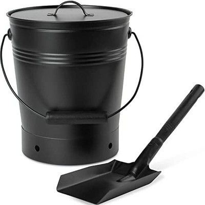 Ash Bucket with Lid and Wood Handle Coal Shovel Pail Fireplace Tools, Fire Pit