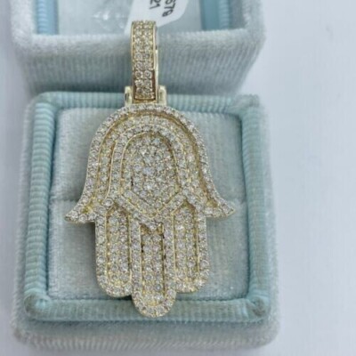 2Ct Lab Created Diamond Round Hamsa Hand Pendant 14K Yellow Gold Plated Silver