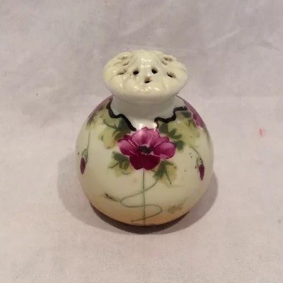 Antique Hand Painted Purple/Green/ Black/ Brown Bulbous Sugar Shaker Porcelain