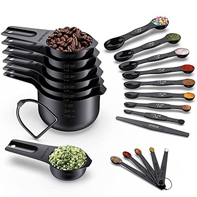 21 Piece Black Measuring Cups & Spoons Includes 7 Stainless Steel Measuring Cups