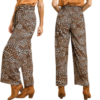 Umgee Leopard Cheetah Animal Print Wide Leg High Paper Bag Waist Tie Pants S-M-L