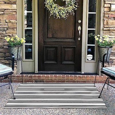 Collive Black and White Striped Outdoor Rug Doormat 24''x51''Washable Front Por...