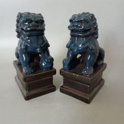 Chinese Old Marked Green Glazed Pair Porcelain Foo Dog Palace Lions