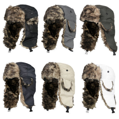Winter Mens Ushanka Aviator Trapper Hat Russian Trooper Ear Flap Faux Fur Cap ~