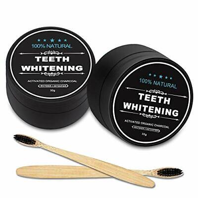 2 Pack Activated Coconut Charcoal Teeth Whitening Powder & 2 Bamboo Toothbrushes