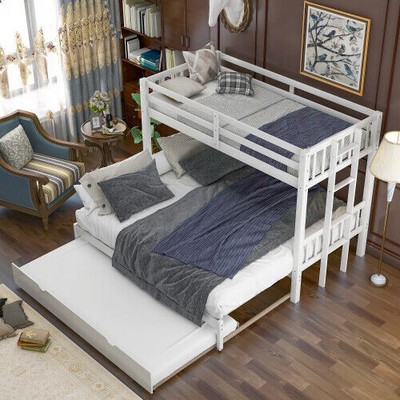 Twin Over Twin/King Pull-Out Bunk Bed with Trundle, Wooden Accommodate 4 People