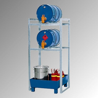 Fassregal, Stahl / Auffangwanne PE, blau / 60 l / Kapazität 2 x 60 l Fässer