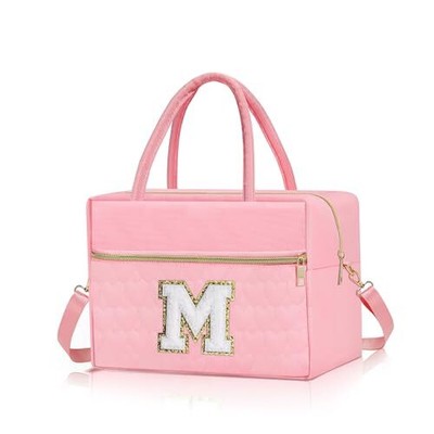 Women - Cute Pink Monogram Tote Lunch Bag Insulated Lunch Cooler Ba...