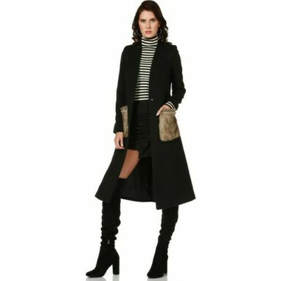 DEWBERRY Exclusive Women's Knee Length Black Coat Trim Pocket SIZE L