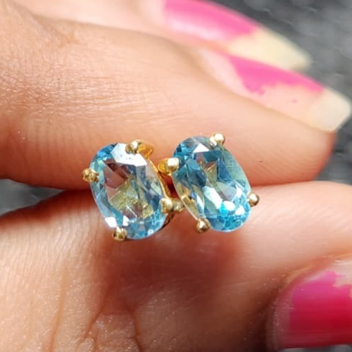 Genuine Sky Blue Topaz Oval Gemstone Stud Earrings Gold Jewelry