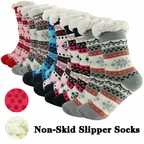 Women Thermal Cozy Fuzzy Thick Sherpa Fleece-lined Non-Skid Slipper Socks 5-11