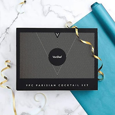 VonShef Parisian Cocktail Shaker Barware Set in Gift Box with Recipe Guide Co...