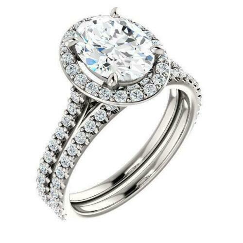 2.00 ct Oval Diamond Accent Ice Halo Bezel Bridal Set Silver Ring Lab Created