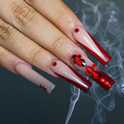 YOSOMK Burgundy French Tip Long Press on Nails with 3D Rhine