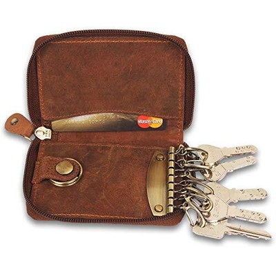 Leather Key Case Holder - Zippered Key Organizer Wallet with 8 Hooks for Keys...