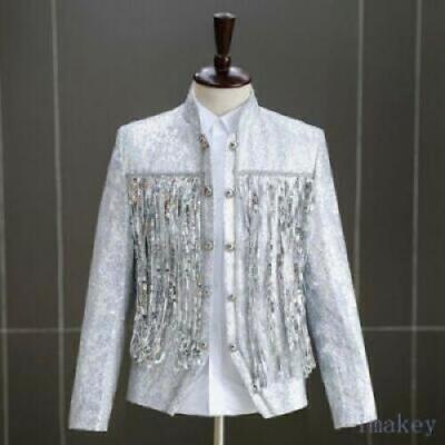 Men's Shinning Sequins Short Jackets DJ Costume Dance Blazer Stand Collar Coats 