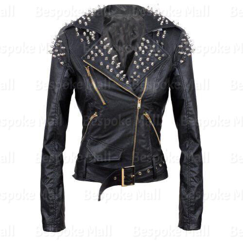 Pre-owned Handmade Woman Full Black Front Silver Studded Punk Unique Cowhide Leather Jacket-255