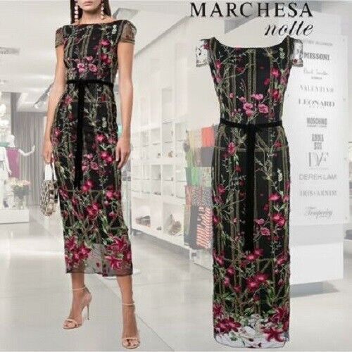 

НОВОЕ Прозрачное платье миди MARCHESA NOTTE, черное, с цветочной вышивкой и бантом на талии, Multicolor