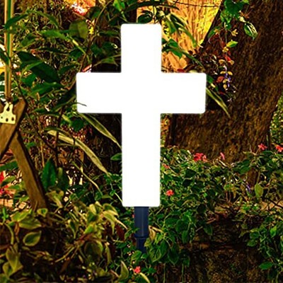 Solar Lighted Cross Grave LED White Garden Cross Marker Heartfelt Cemetery De...